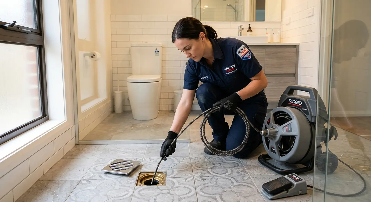 Technician clearing a bathroom floor drain for Sewer Line Installation in Garden City